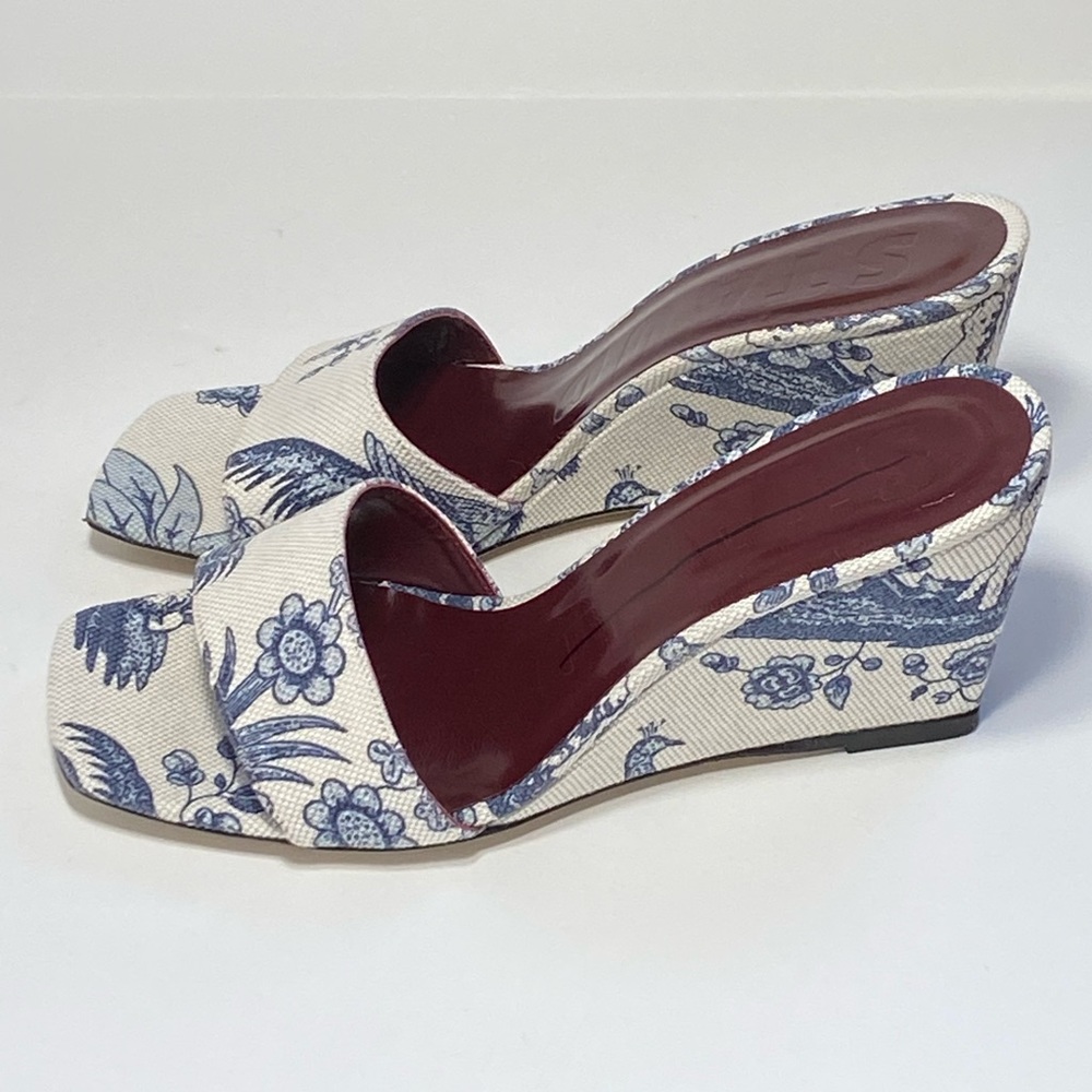 STAUD Billie Tropical-Print Canvas Wedge Sandals size 37
